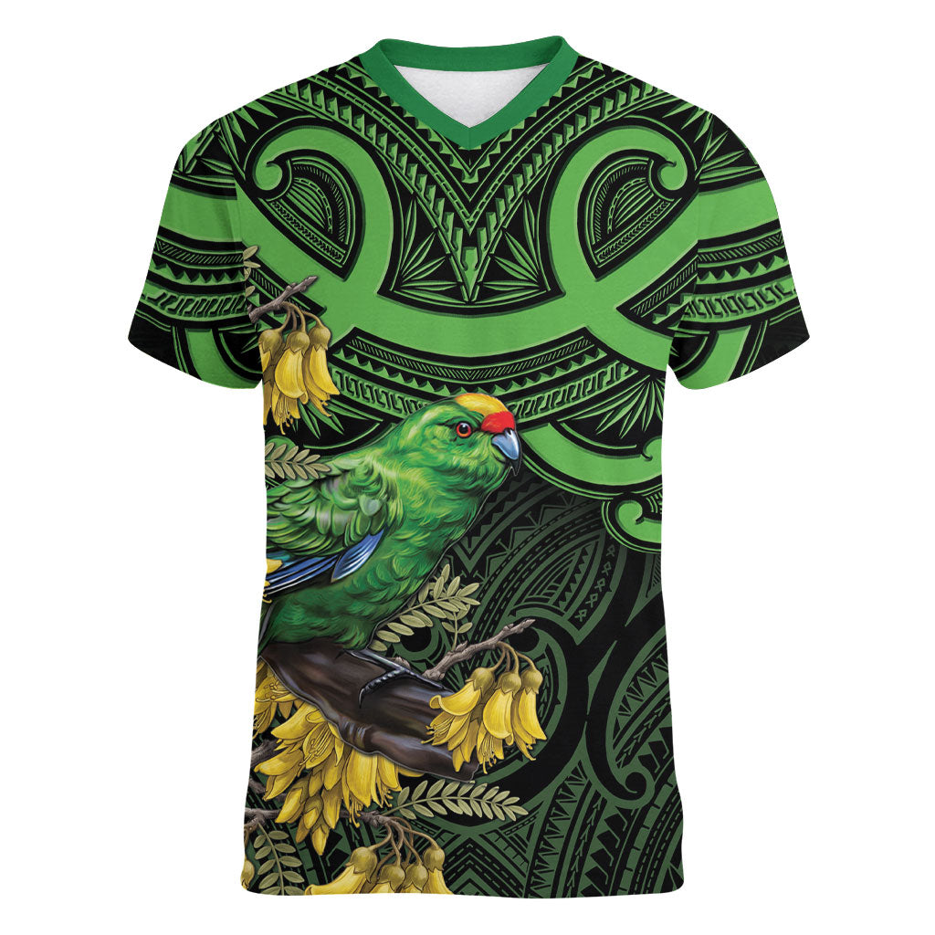 New Zealand Parakeet Bird Women V-Neck T-Shirt Maori Kakariki Kowhai Maori Pattern LT22 Female Green - Polynesian Pride