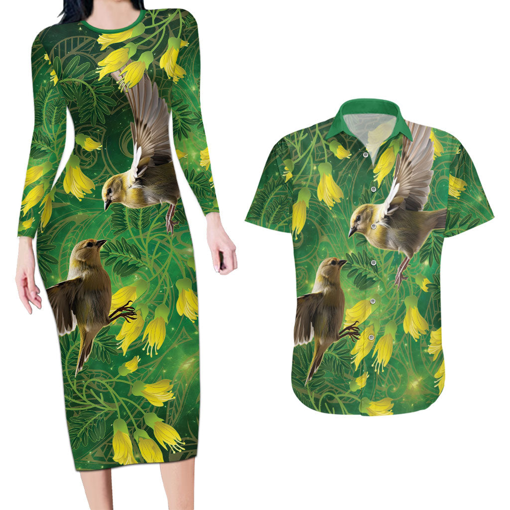 Bellbird New Zealand Personalised Couples Matching Long Sleeve Bodycon Dress and Hawaiian Shirt Kowhai Flower Maori Pattern