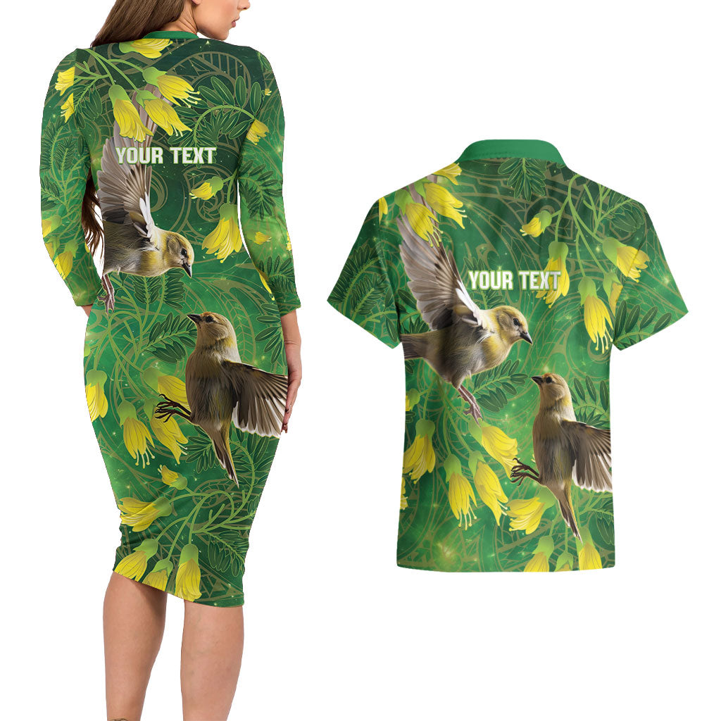 Bellbird New Zealand Personalised Couples Matching Long Sleeve Bodycon Dress and Hawaiian Shirt Kowhai Flower Maori Pattern