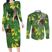 Bellbird New Zealand Personalised Couples Matching Long Sleeve Bodycon Dress and Long Sleeve Button Shirt Kowhai Flower Maori Pattern