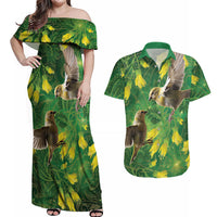 Bellbird New Zealand Personalised Couples Matching Off Shoulder Maxi Dress and Hawaiian Shirt Kowhai Flower Maori Pattern