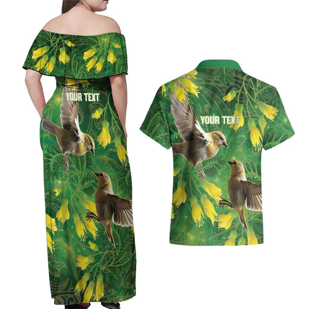 Bellbird New Zealand Personalised Couples Matching Off Shoulder Maxi Dress and Hawaiian Shirt Kowhai Flower Maori Pattern