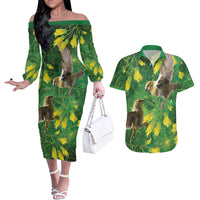 Bellbird New Zealand Personalised Couples Matching Off The Shoulder Long Sleeve Dress and Hawaiian Shirt Kowhai Flower Maori Pattern LT22 Green - Polynesian Pride