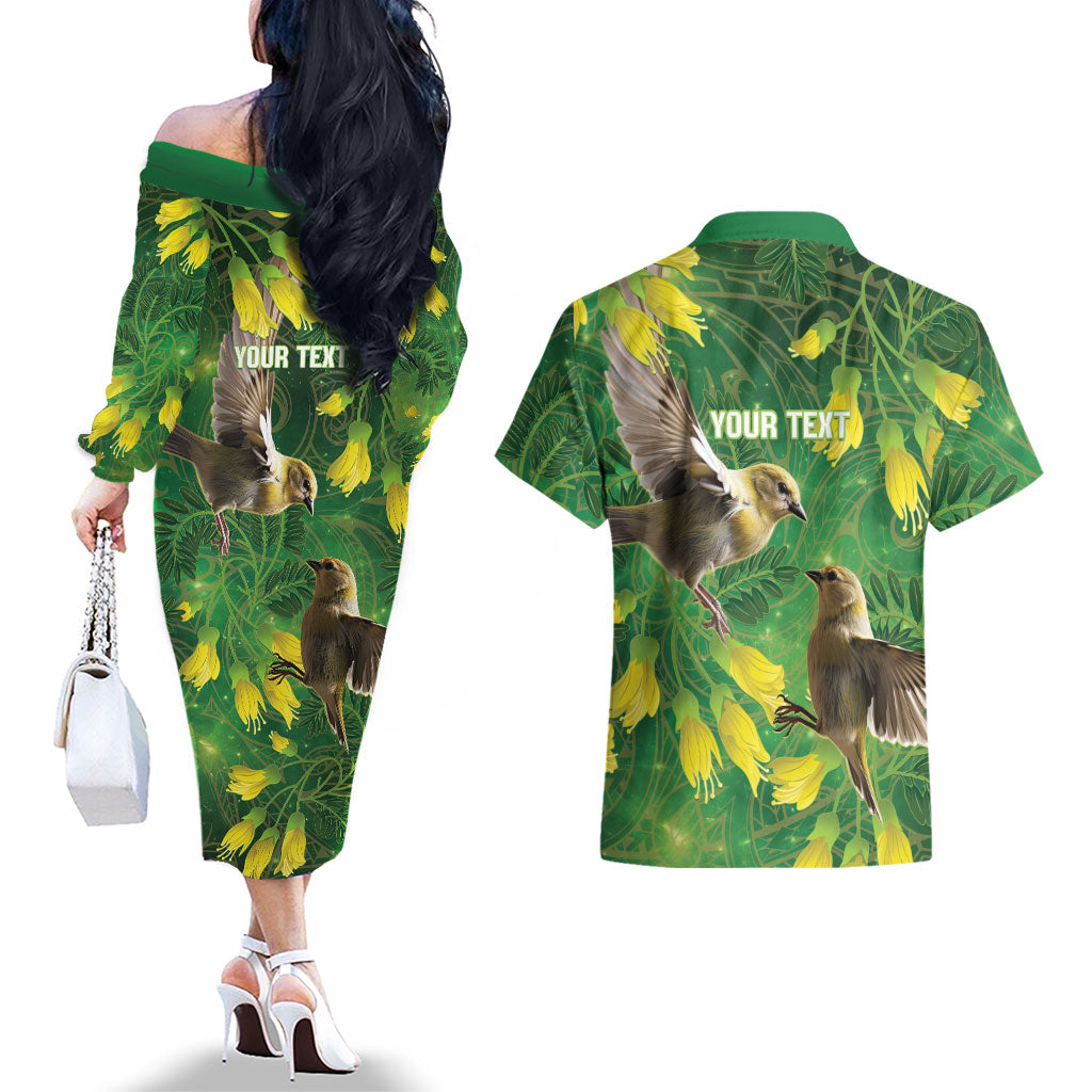 Bellbird New Zealand Personalised Couples Matching Off The Shoulder Long Sleeve Dress and Hawaiian Shirt Kowhai Flower Maori Pattern LT22 - Polynesian Pride