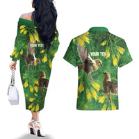 Bellbird New Zealand Personalised Couples Matching Off The Shoulder Long Sleeve Dress and Hawaiian Shirt Kowhai Flower Maori Pattern LT22 - Polynesian Pride