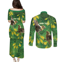 Bellbird New Zealand Personalised Couples Matching Puletasi and Long Sleeve Button Shirt Kowhai Flower Maori Pattern