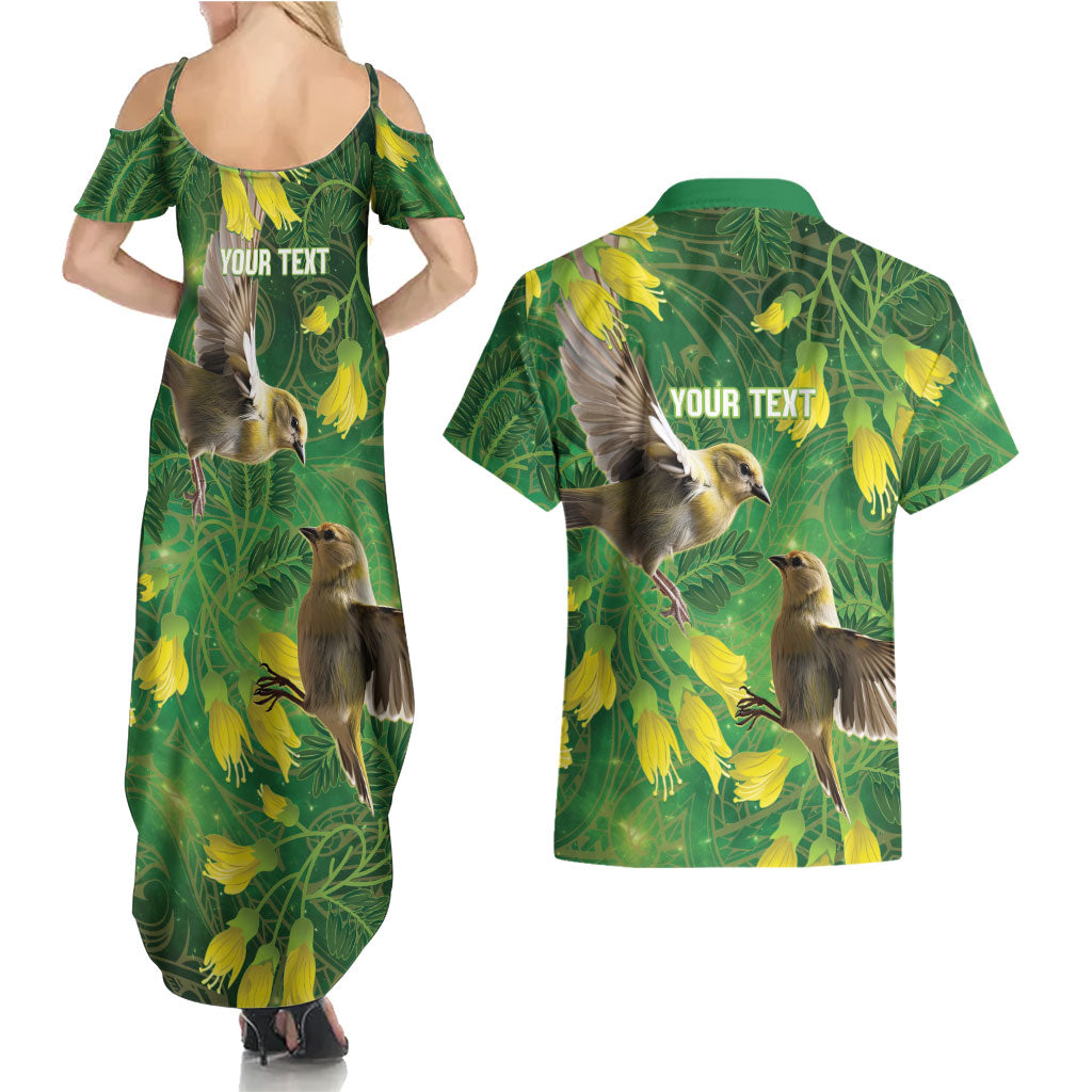 Bellbird New Zealand Personalised Couples Matching Summer Maxi Dress and Hawaiian Shirt Kowhai Flower Maori Pattern