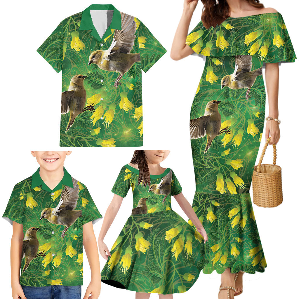 Bellbird New Zealand Personalised Family Matching Mermaid Dress and Hawaiian Shirt Kowhai Flower Maori Pattern LT22 - Polynesian Pride