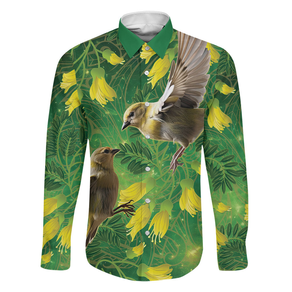 Bellbird New Zealand Personalised Family Matching Mermaid Dress and Hawaiian Shirt Kowhai Flower Maori Pattern LT22 Dad's Shirt - Long Sleeve Green - Polynesian Pride