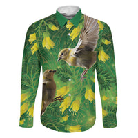 Bellbird New Zealand Personalised Family Matching Mermaid Dress and Hawaiian Shirt Kowhai Flower Maori Pattern LT22 Dad's Shirt - Long Sleeve Green - Polynesian Pride