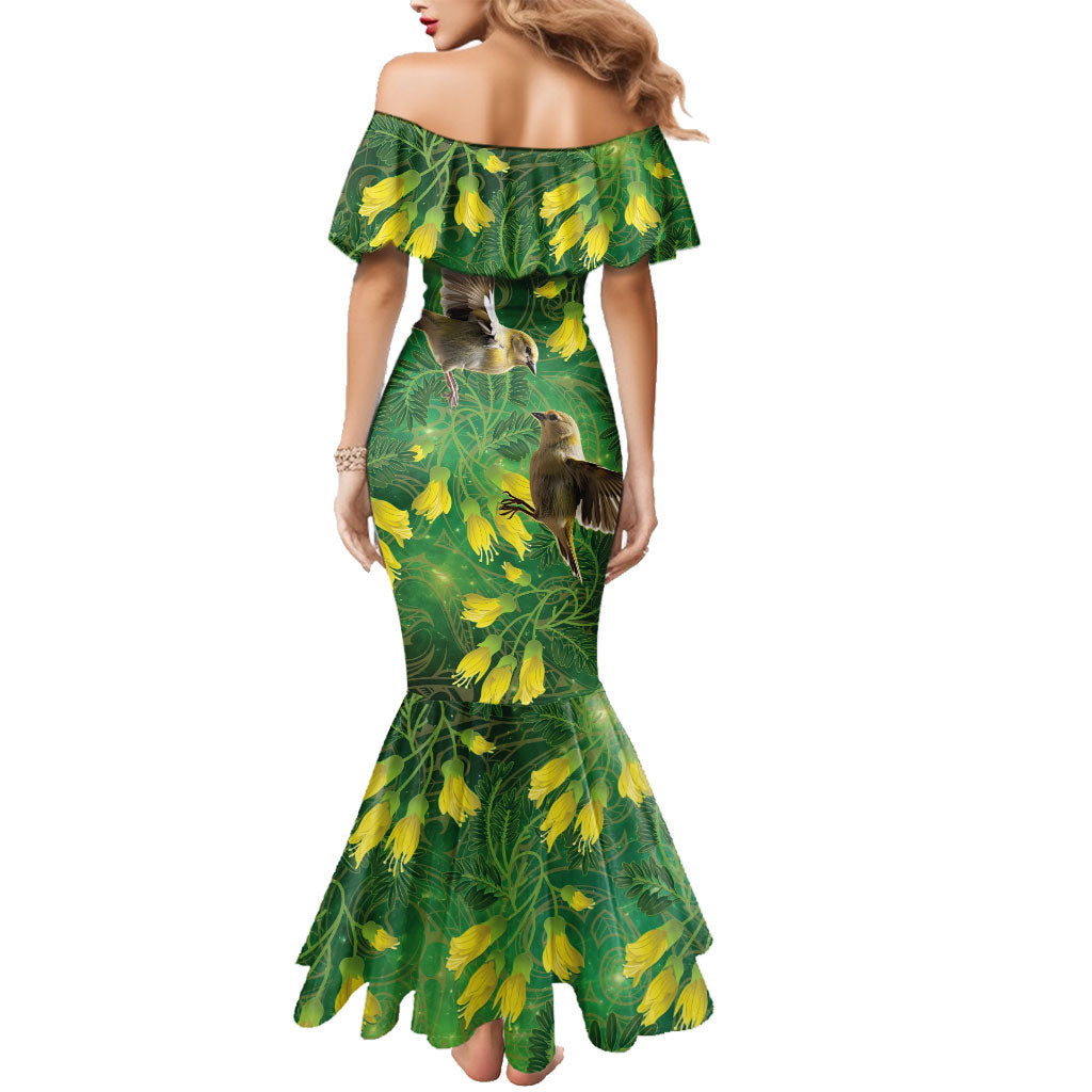 Bellbird New Zealand Personalised Family Matching Mermaid Dress and Hawaiian Shirt Kowhai Flower Maori Pattern LT22 - Polynesian Pride