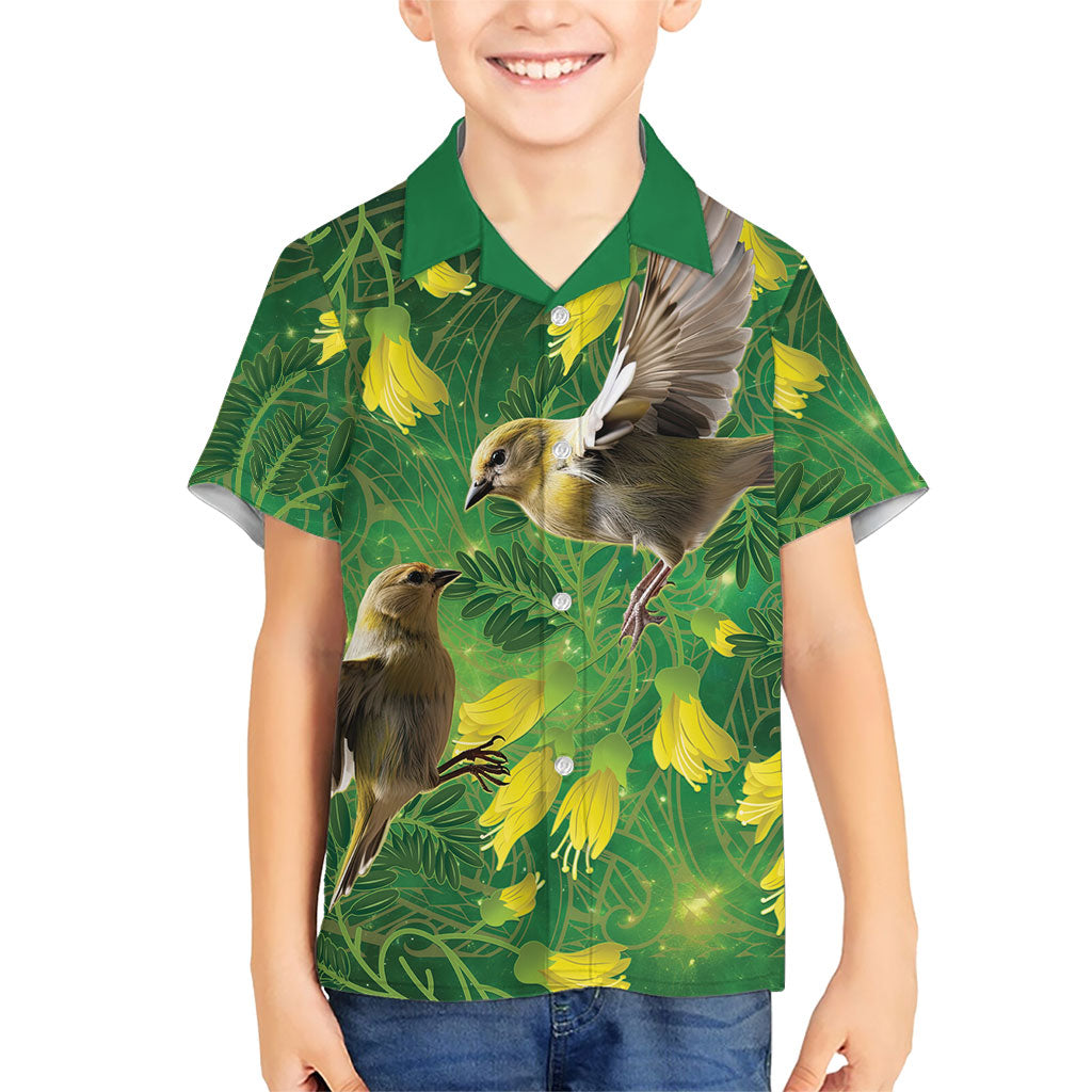 Bellbird New Zealand Personalised Family Matching Mermaid Dress and Hawaiian Shirt Kowhai Flower Maori Pattern LT22 Son's Shirt Green - Polynesian Pride