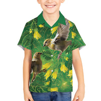 Bellbird New Zealand Personalised Family Matching Mermaid Dress and Hawaiian Shirt Kowhai Flower Maori Pattern LT22 Son's Shirt Green - Polynesian Pride