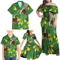 Bellbird New Zealand Personalised Family Matching Off Shoulder Maxi Dress and Hawaiian Shirt Kowhai Flower Maori Pattern