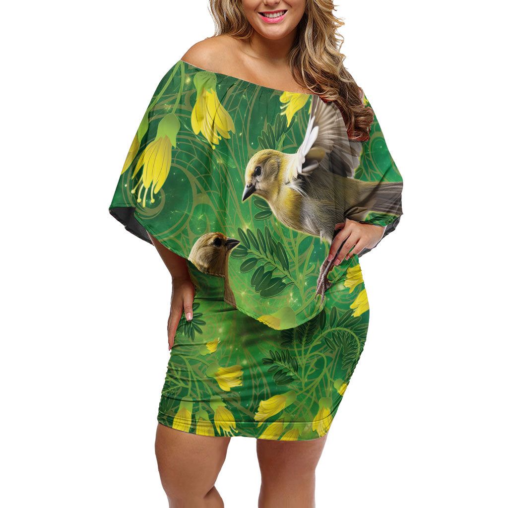 Bellbird New Zealand Personalised Family Matching Off Shoulder Short Dress and Hawaiian Shirt Kowhai Flower Maori Pattern