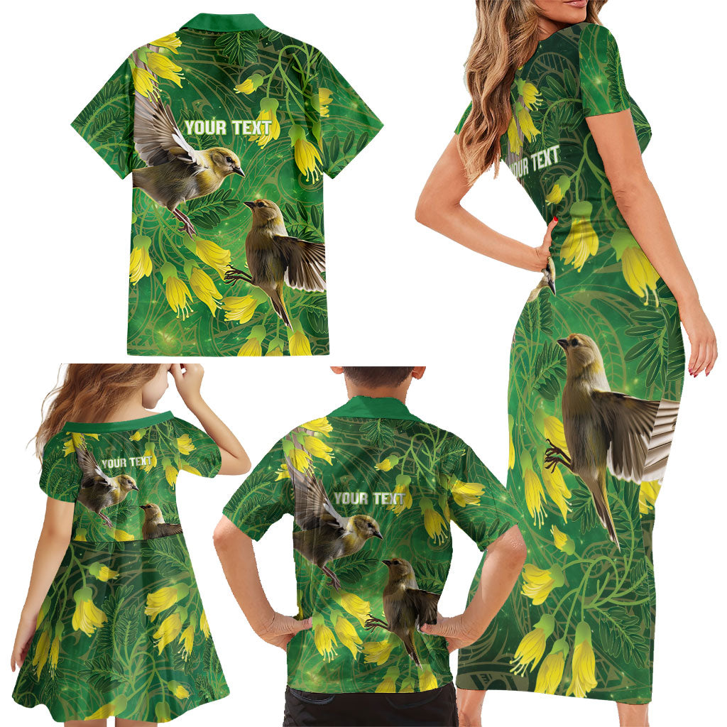 Bellbird New Zealand Personalised Family Matching Short Sleeve Bodycon Dress and Hawaiian Shirt Kowhai Flower Maori Pattern