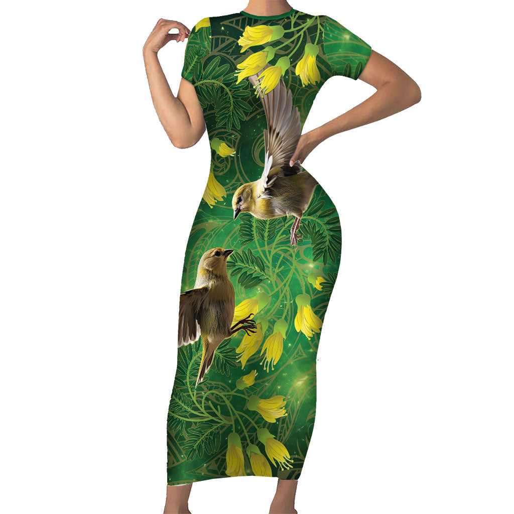 Bellbird New Zealand Personalised Family Matching Short Sleeve Bodycon Dress and Hawaiian Shirt Kowhai Flower Maori Pattern