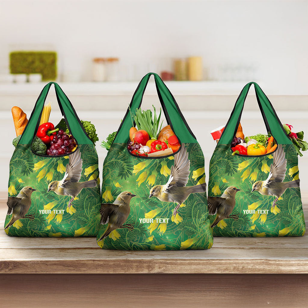 Bellbird New Zealand Personalised Grocery Bag Kowhai Flower Maori Pattern LT22 3-pack One Size Green - Polynesian Pride