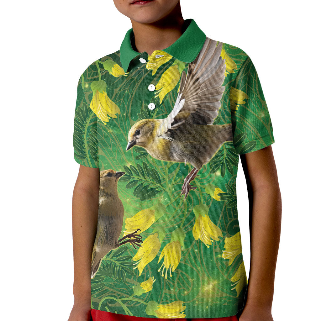 Bellbird New Zealand Personalised Kid Polo Shirt Kowhai Flower Maori Pattern
