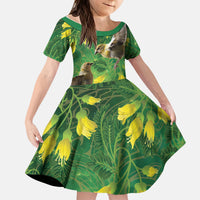 Bellbird New Zealand Personalised Kid Short Sleeve Dress Kowhai Flower Maori Pattern LT22 KID Green - Polynesian Pride