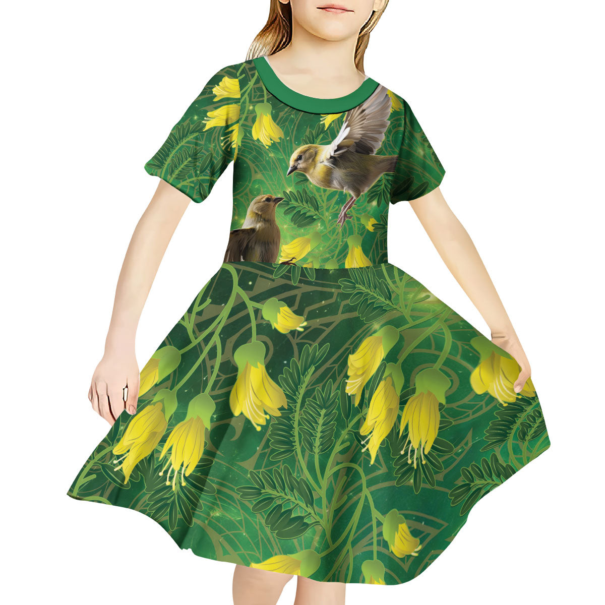 Bellbird New Zealand Personalised Kid Short Sleeve Dress Kowhai Flower Maori Pattern LT22 - Polynesian Pride