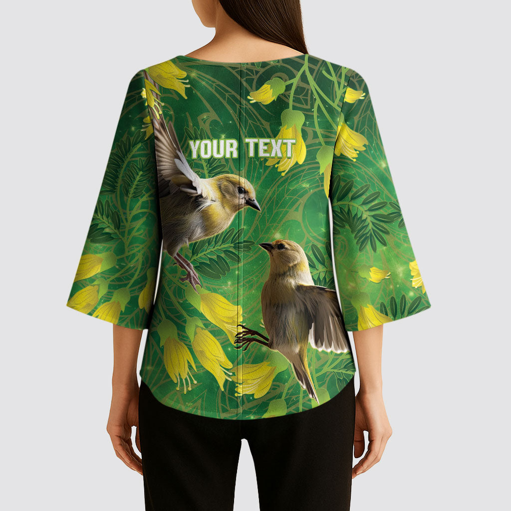 Bellbird New Zealand Personalised Kimono Sleeve Blouse Kowhai Flower Maori Pattern