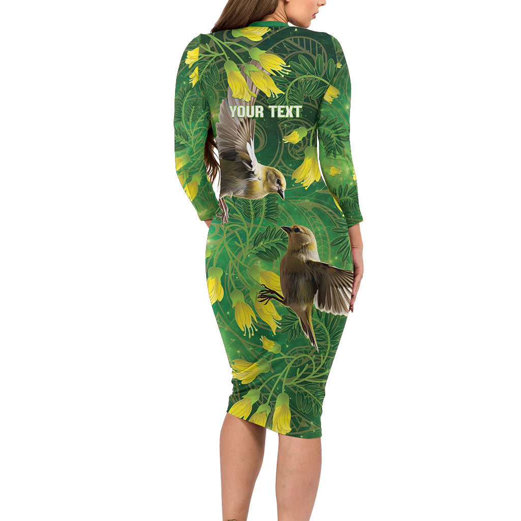 Bellbird New Zealand Personalised Long Sleeve Bodycon Dress Kowhai Flower Maori Pattern