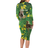 Bellbird New Zealand Personalised Long Sleeve Bodycon Dress Kowhai Flower Maori Pattern