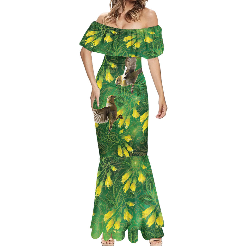 Bellbird New Zealand Personalised Mermaid Dress Kowhai Flower Maori Pattern