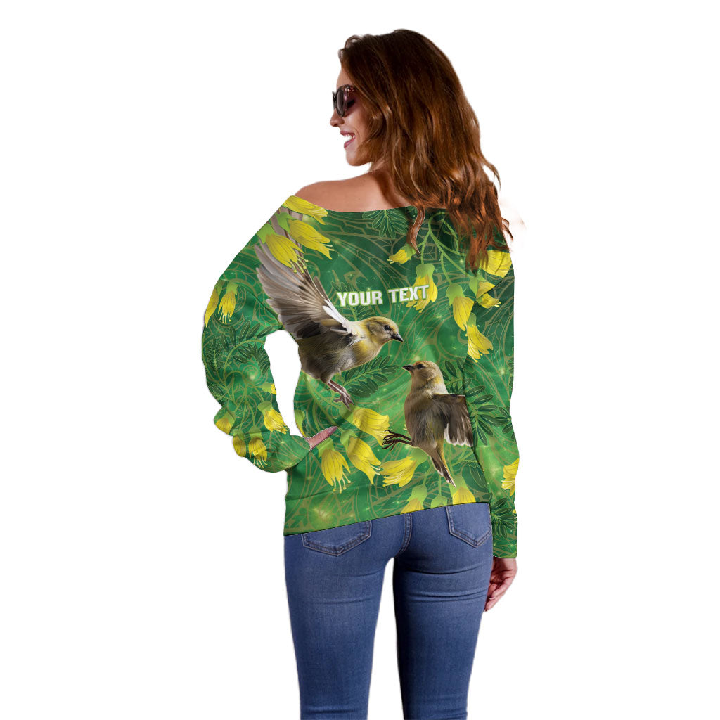 Bellbird New Zealand Personalised Off Shoulder Sweater Kowhai Flower Maori Pattern