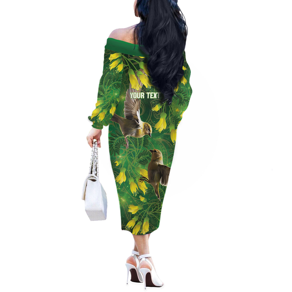 Bellbird New Zealand Personalised Off The Shoulder Long Sleeve Dress Kowhai Flower Maori Pattern LT22 - Polynesian Pride