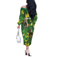 Bellbird New Zealand Personalised Off The Shoulder Long Sleeve Dress Kowhai Flower Maori Pattern LT22 - Polynesian Pride