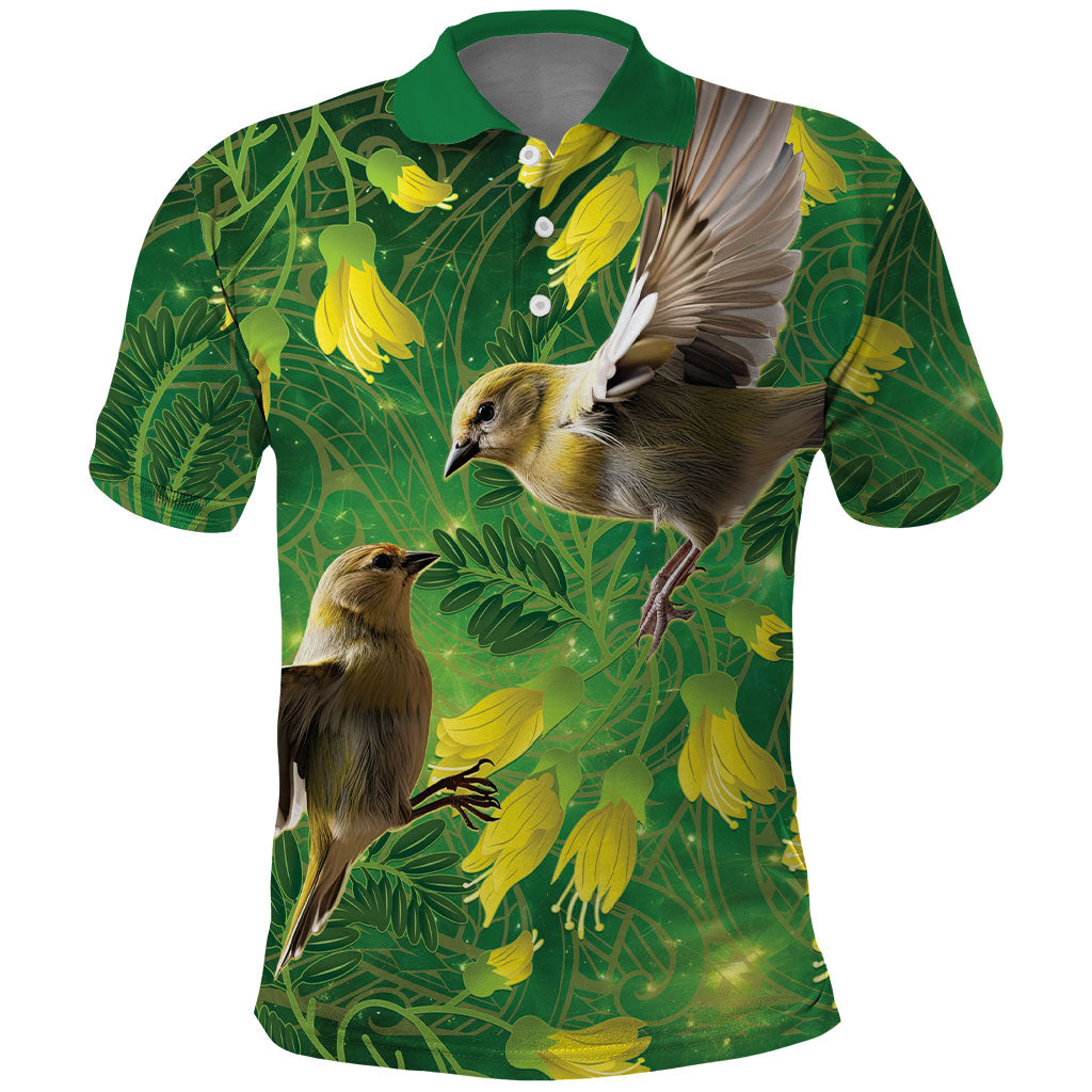 Bellbird New Zealand Personalised Polo Shirt Kowhai Flower Maori Pattern LT22 Green - Polynesian Pride