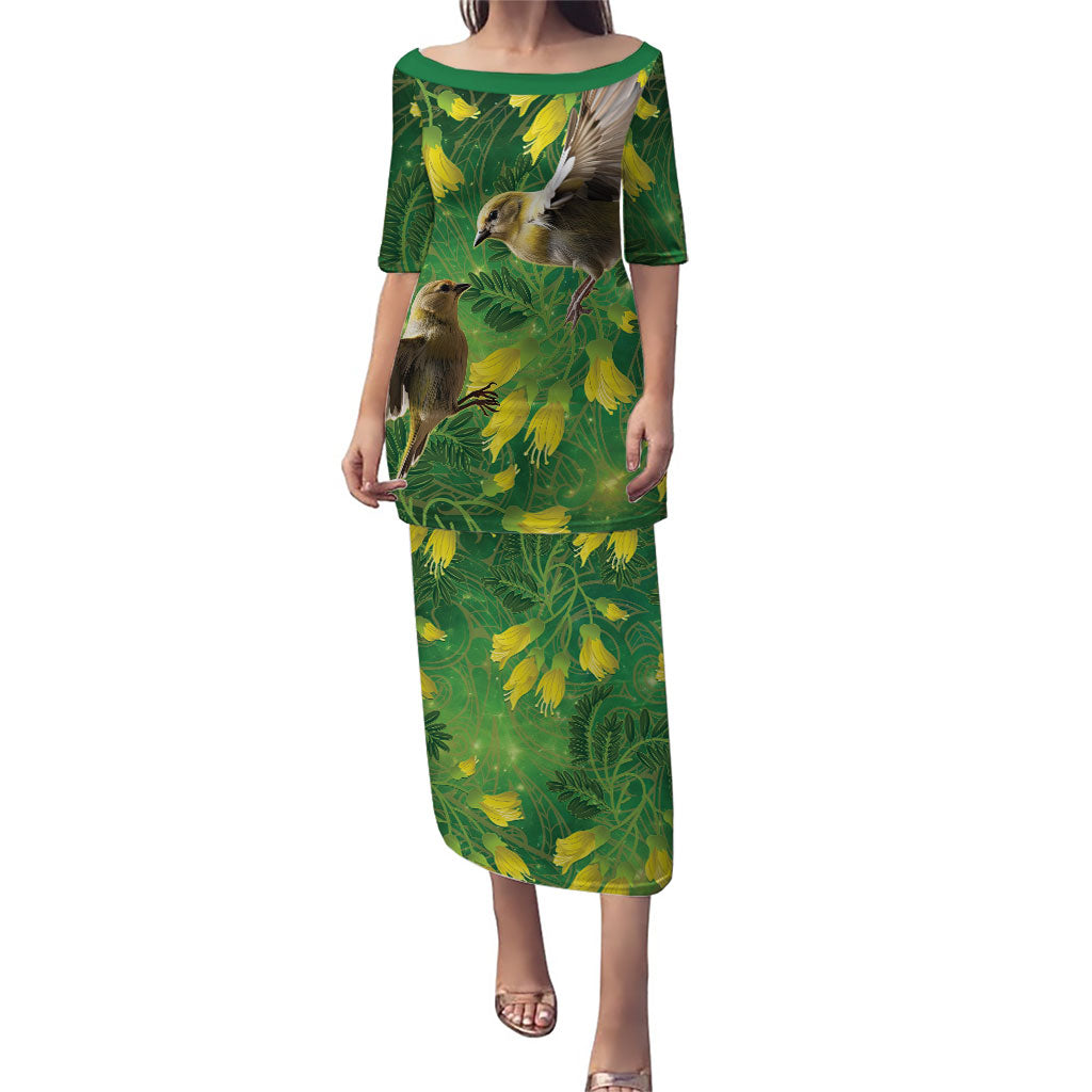 Bellbird New Zealand Personalised Puletasi Kowhai Flower Maori Pattern