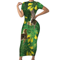 Bellbird New Zealand Personalised Short Sleeve Bodycon Dress Kowhai Flower Maori Pattern