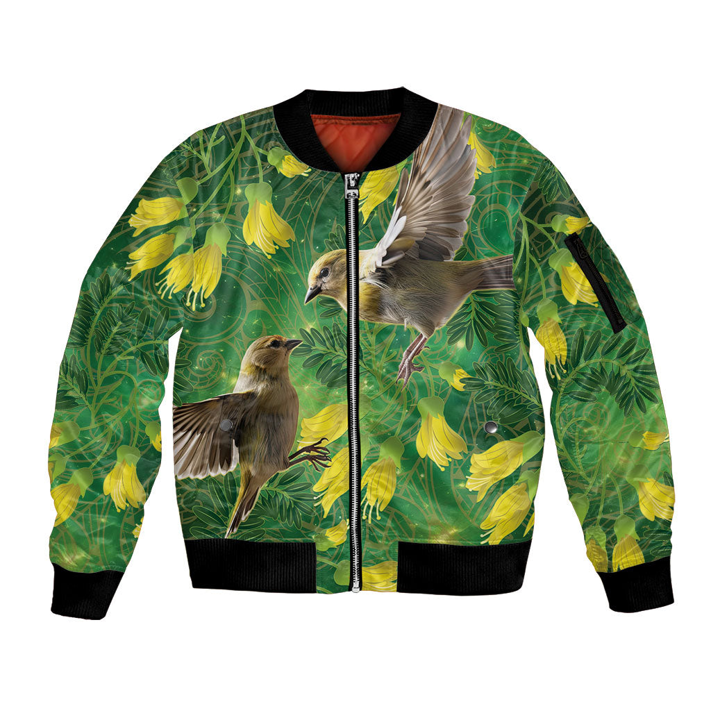 Bellbird New Zealand Personalised Sleeve Zip Bomber Jacket Kowhai Flower Maori Pattern