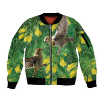 Bellbird New Zealand Personalised Sleeve Zip Bomber Jacket Kowhai Flower Maori Pattern