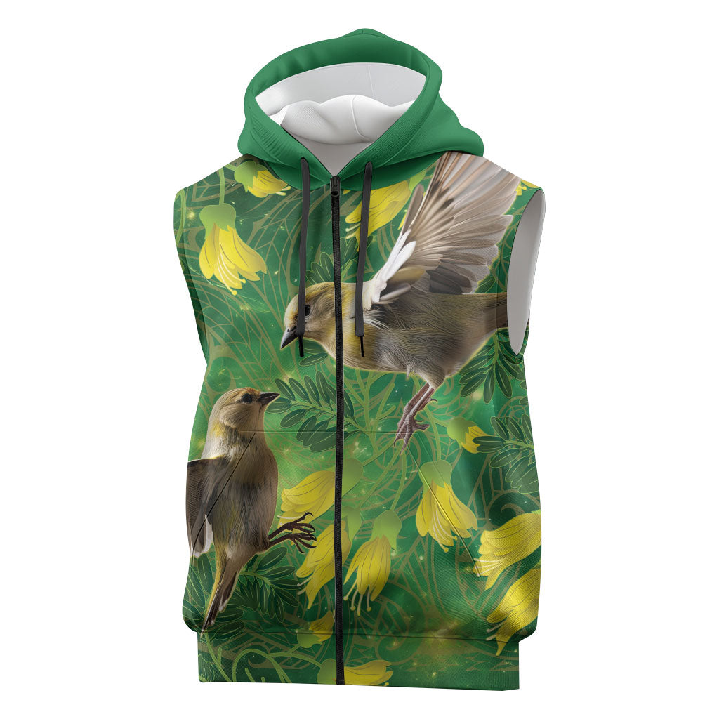 Bellbird New Zealand Personalised Sleeveless Zip Hoodie Kowhai Flower Maori Pattern LT22 Green - Polynesian Pride