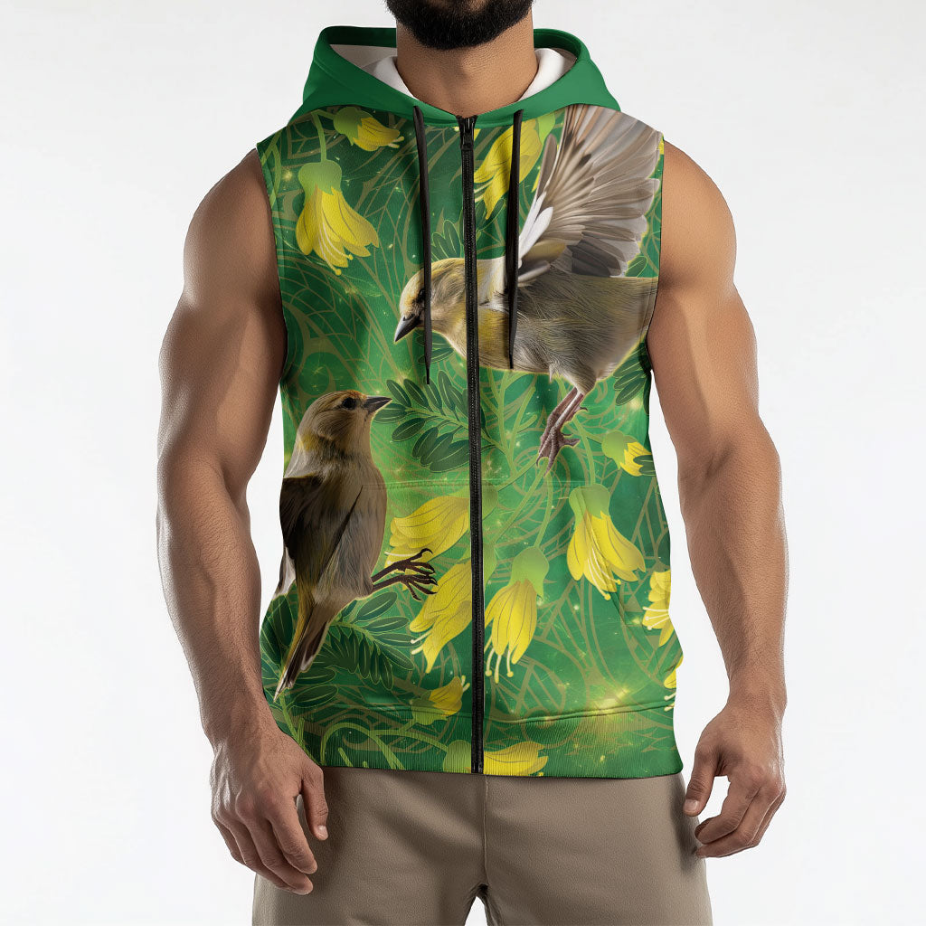 Bellbird New Zealand Personalised Sleeveless Zip Hoodie Kowhai Flower Maori Pattern LT22 - Polynesian Pride