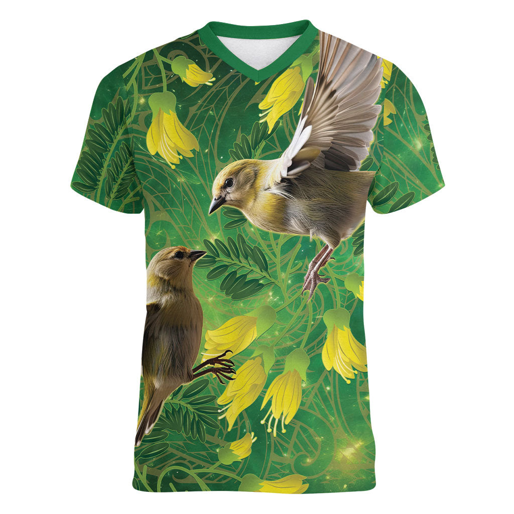 Bellbird New Zealand Personalised Women V-Neck T-Shirt Kowhai Flower Maori Pattern
