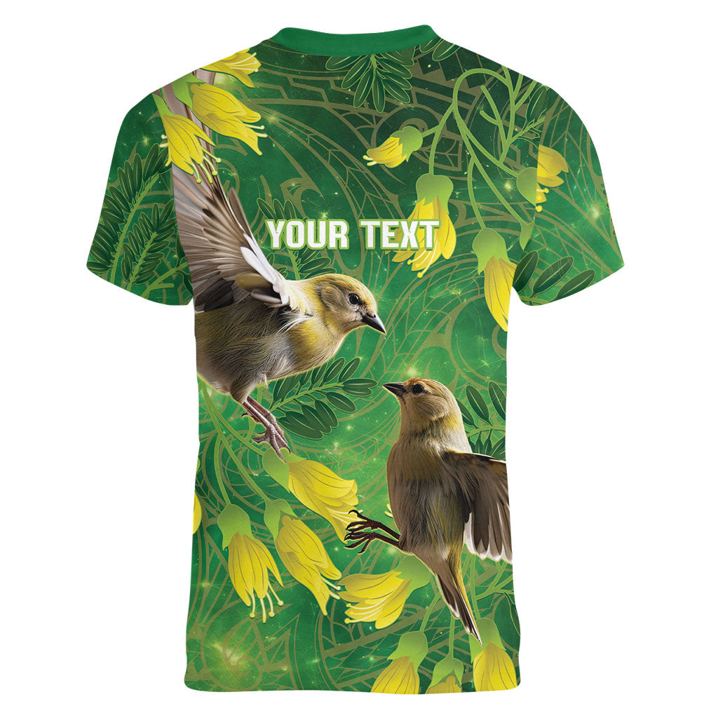 Bellbird New Zealand Personalised Women V-Neck T-Shirt Kowhai Flower Maori Pattern