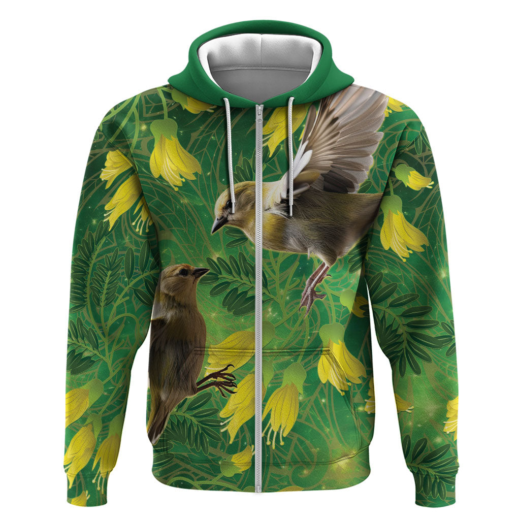 Bellbird New Zealand Personalised Zip Hoodie Kowhai Flower Maori Pattern