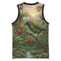 Bellbird New Zealand Personalised Basketball Jersey Korimako Harakeke Flower Native Forest