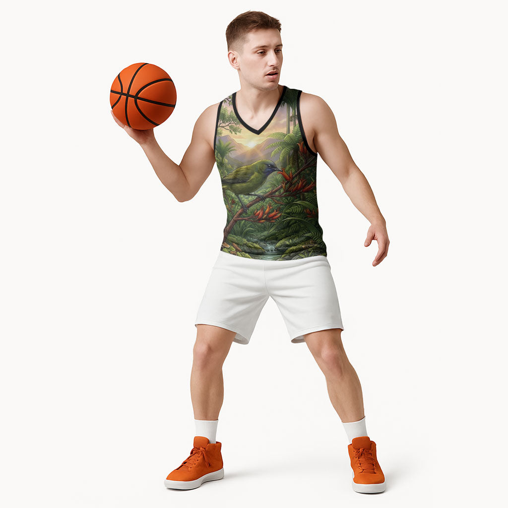 Bellbird New Zealand Personalised Basketball Jersey Korimako Harakeke Flower Native Forest