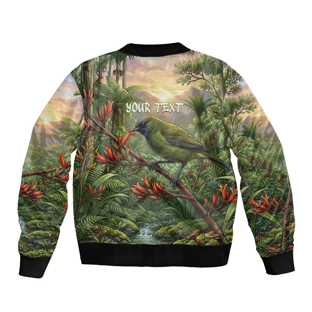 Bellbird New Zealand Personalised Bomber Jacket Korimako Harakeke Flower Native Forest