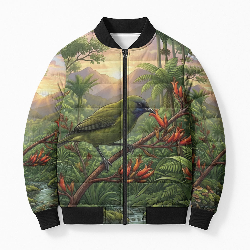 Bellbird New Zealand Personalised Bomber Puffer Jacket Korimako Harakeke Flower Native Forest LT22 Unisex Green - Polynesian Pride