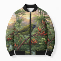 Bellbird New Zealand Personalised Bomber Puffer Jacket Korimako Harakeke Flower Native Forest LT22 Unisex Green - Polynesian Pride