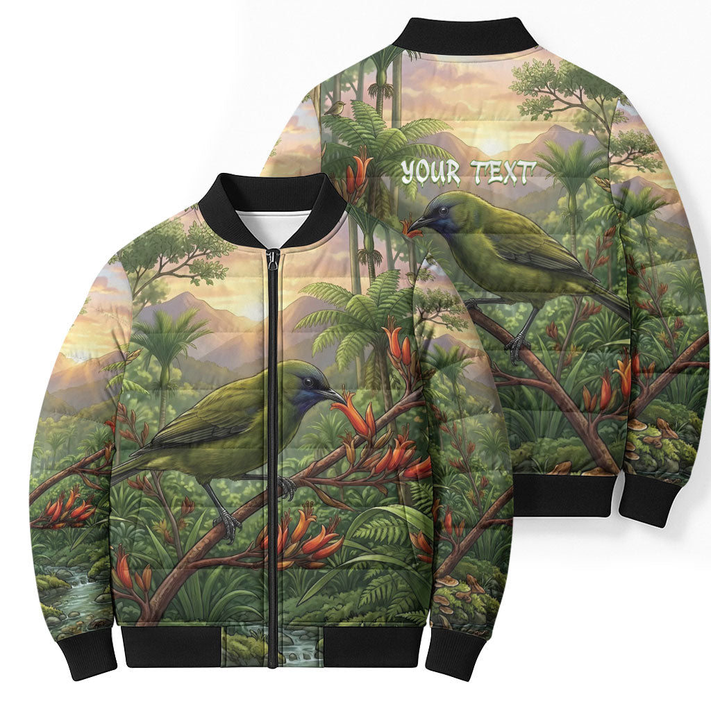 Bellbird New Zealand Personalised Bomber Puffer Jacket Korimako Harakeke Flower Native Forest LT22 - Polynesian Pride