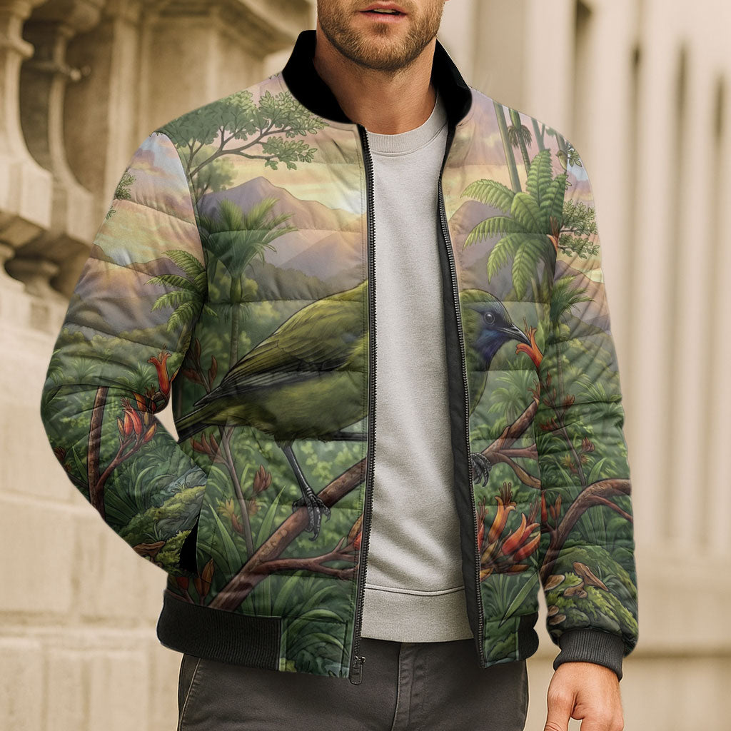 Bellbird New Zealand Personalised Bomber Puffer Jacket Korimako Harakeke Flower Native Forest LT22 - Polynesian Pride
