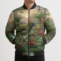 Bellbird New Zealand Personalised Bomber Puffer Jacket Korimako Harakeke Flower Native Forest LT22 - Polynesian Pride